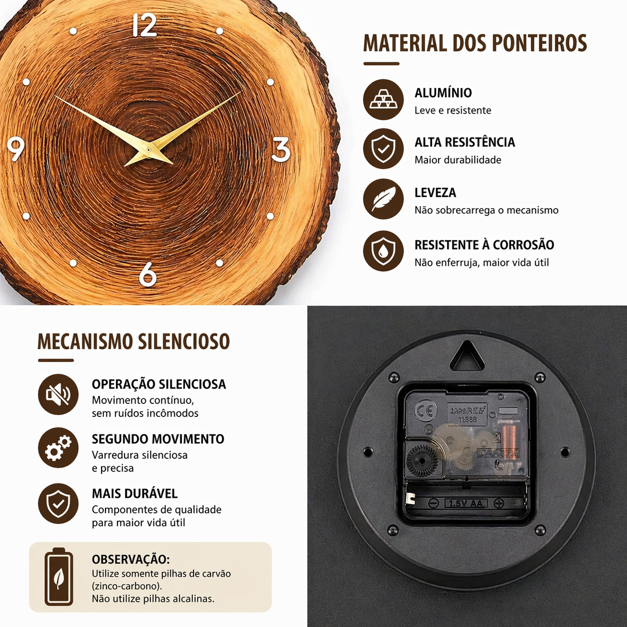 Relógio de Parede em Madeira Natural Tronco | Husdecor