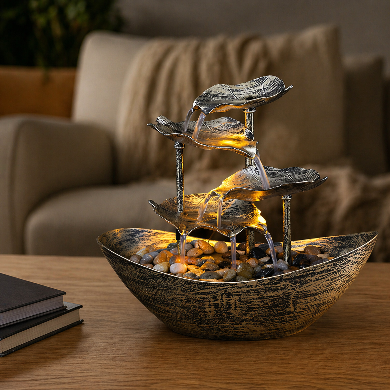 Fonte de Água Decorativa em Cascata com Folhas de Lótus | Husdecor