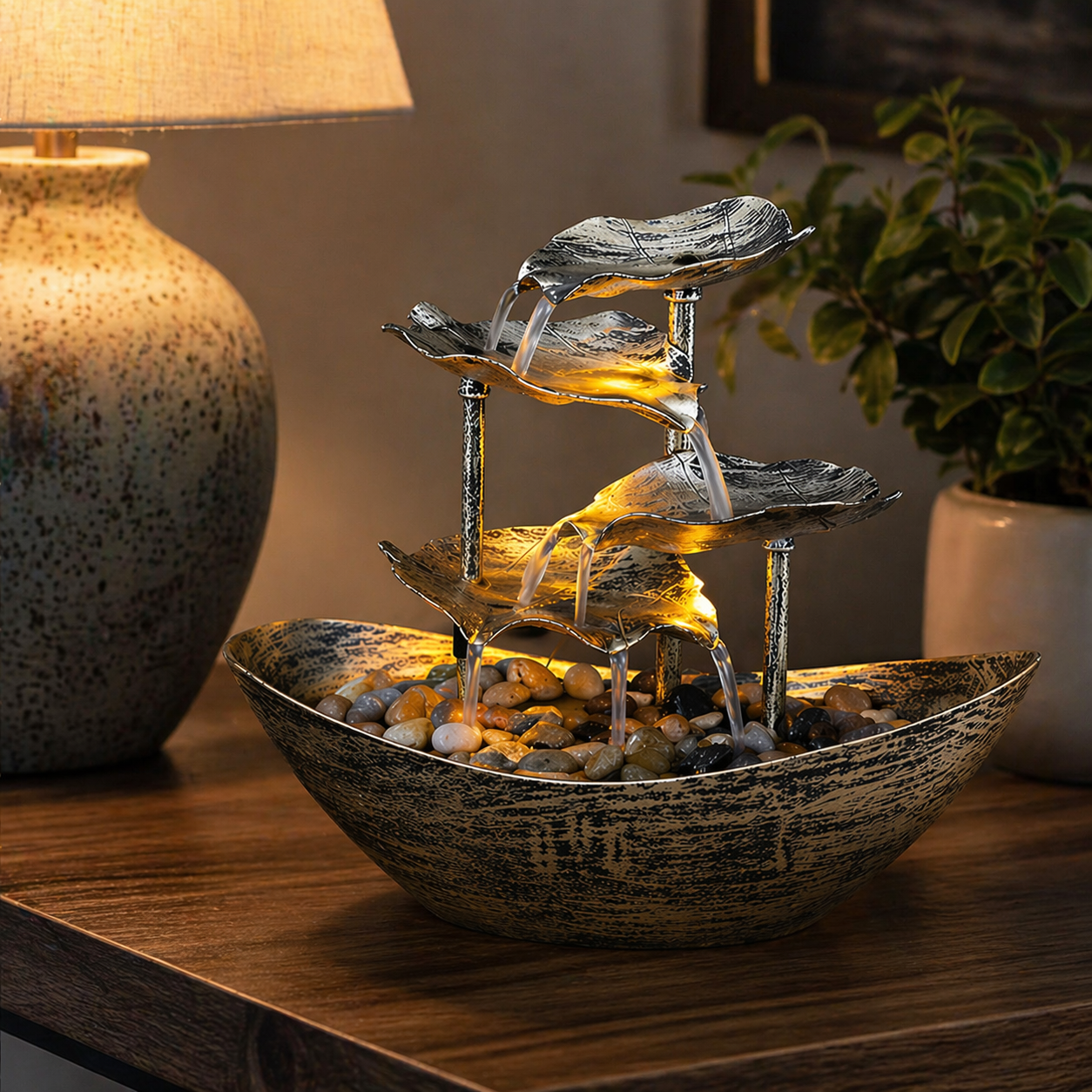 Fonte de Água Decorativa em Cascata com Folhas de Lótus | Husdecor