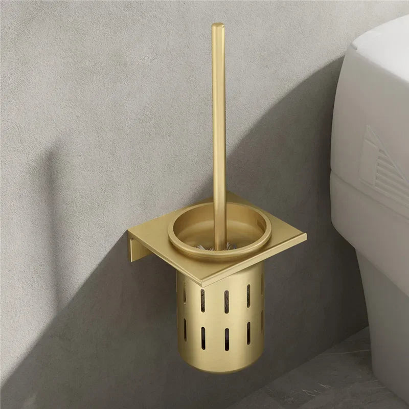 Porta Escova Sanitária em Alumínio Dourado com Suporte de Parede Husdecor