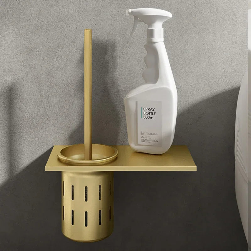 Porta Escova Sanitária em Alumínio Dourado com Suporte de Parede Husdecor